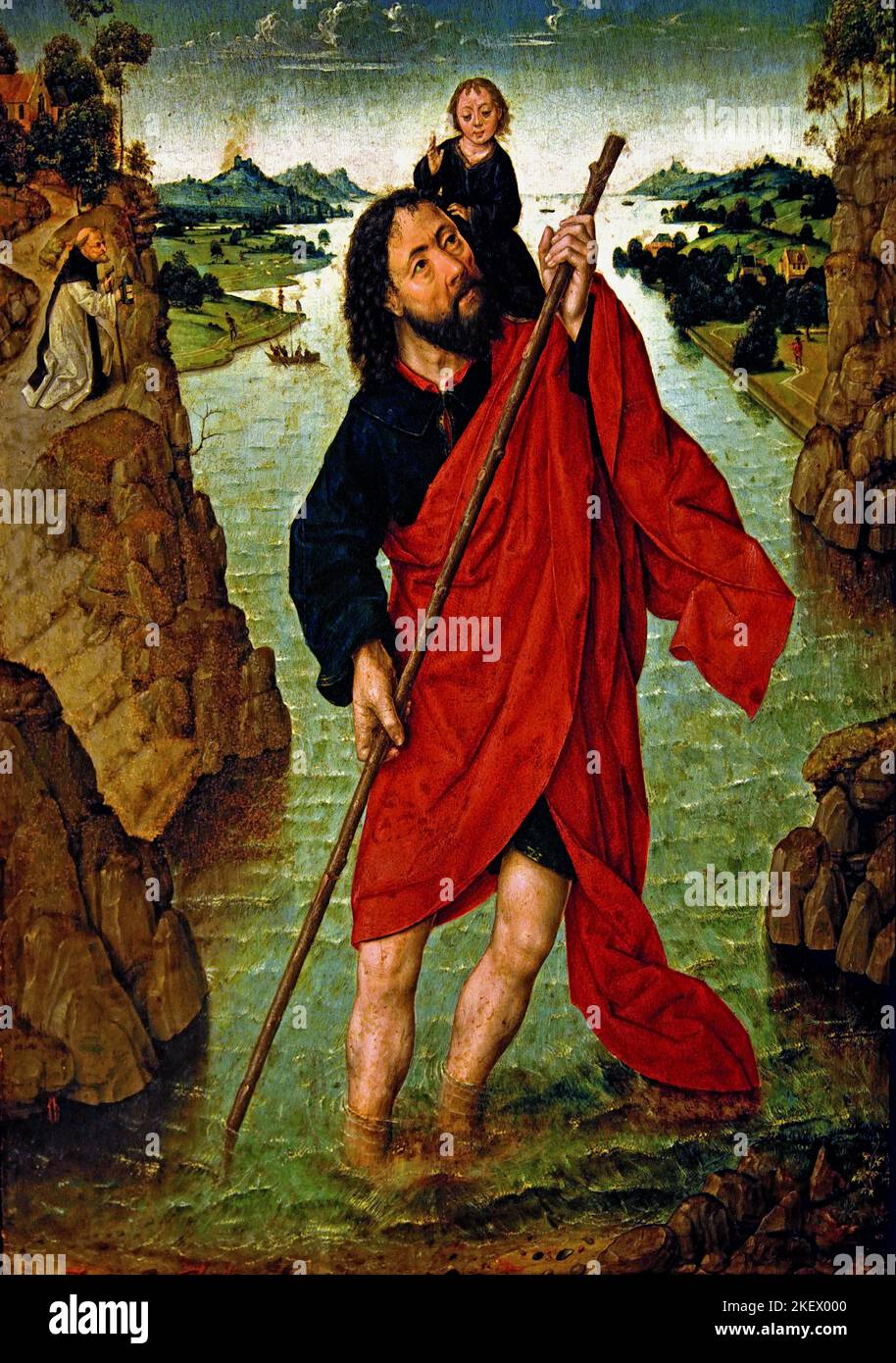 Saint Christopher - oil on panel - Aelbrecht Bouts 1485-1549 Kleve Antwerp, Belgian Belgium Flemish, Saint Christopher, martyr, killed , 3rd-century Roman emperor Decius (reigned 249–251), or emperor Maximinus Daia (reigned 308–313), Christopher, Patron, bachelors, transportation, travelling, Stock Photo