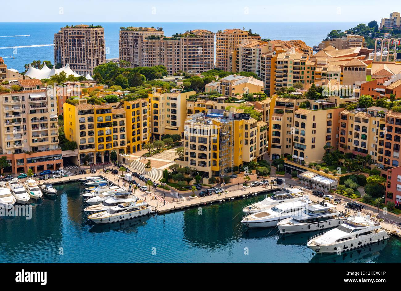 Monaco, France - August 2, 2022: Panoramic view of Monaco metropolitan area with Port Fontvielle yacht marina with surrounding residences Stock Photo