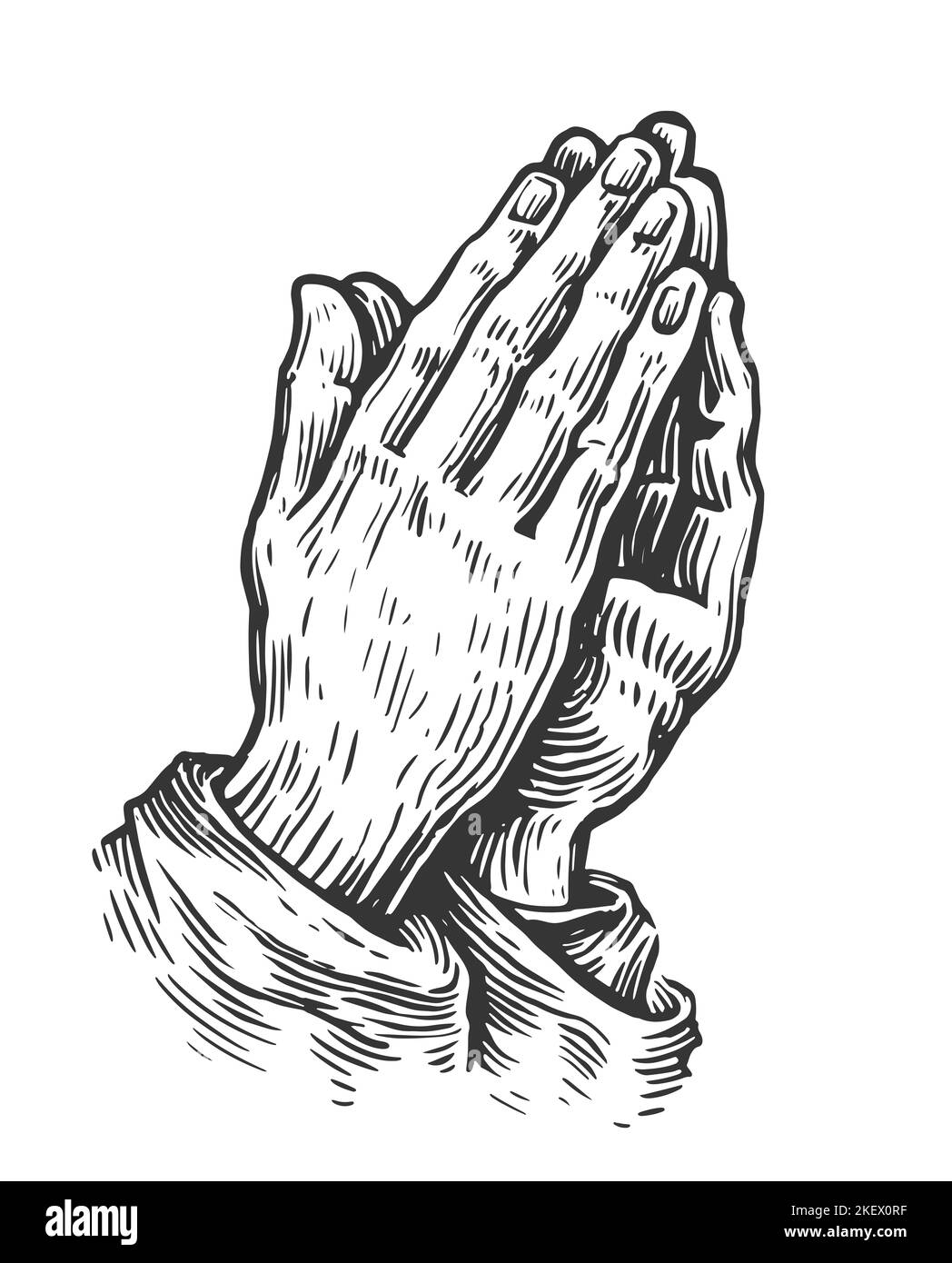 Praying hands. Two hands in prayer pose. Worship, pray symbol. Sketch vintage illustration Stock Photo