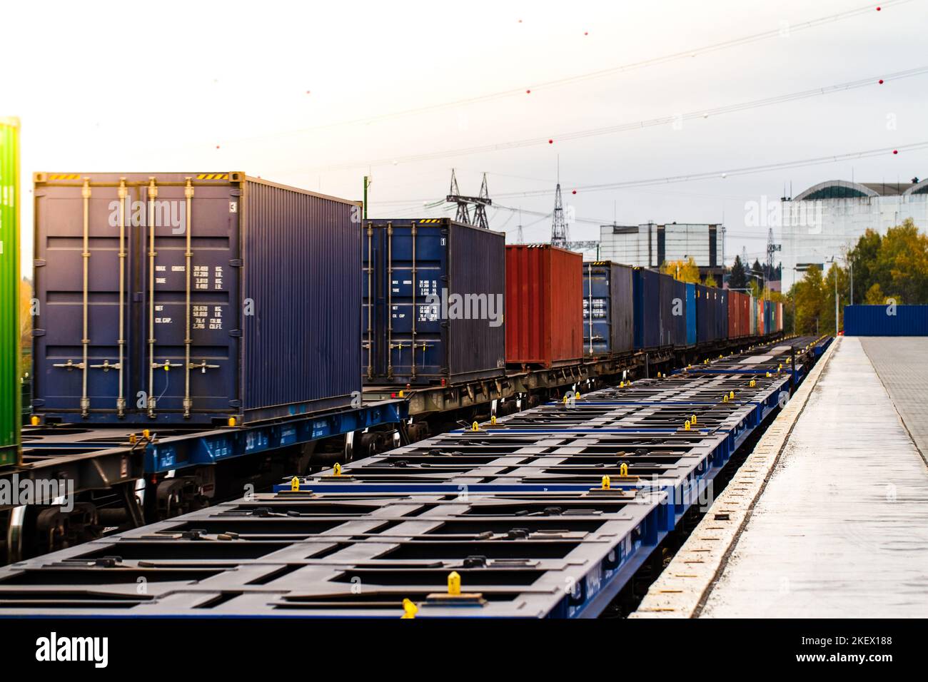 Freight train. Cargo containers transportation by railway. Impoert export logistics concept