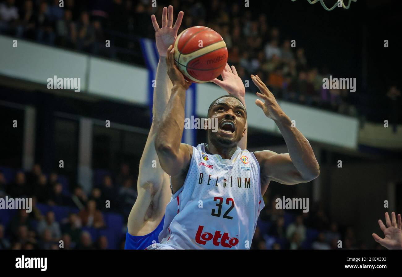 Jemappes, Belgium, 14 November 2022, Belgium's Retin Obasohan fights for the ball during a