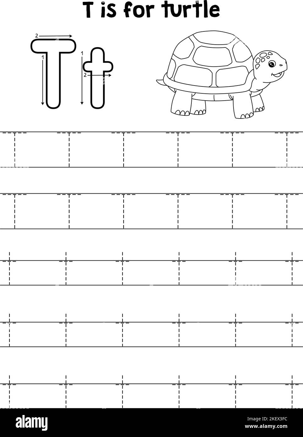 Turtle Animal Tracing Letter ABC Coloring Page T Stock Vector