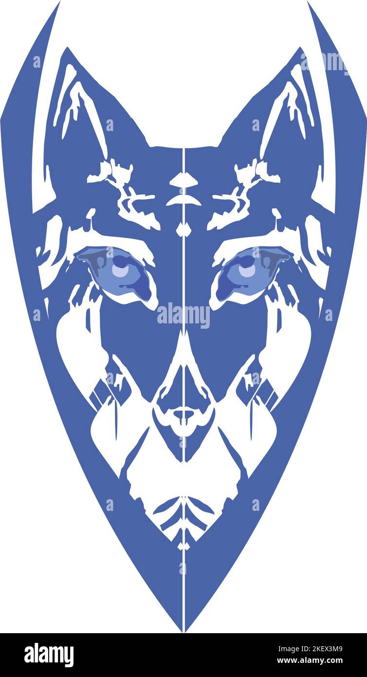 Wolf head symbol in blue tonality isolated on a white backdrop. Howling wolf symbol for shield