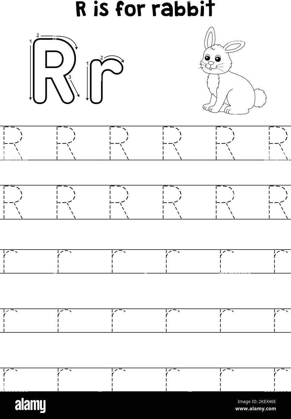 Rabbit Animal Tracing Letter ABC Coloring Page R Stock Vector