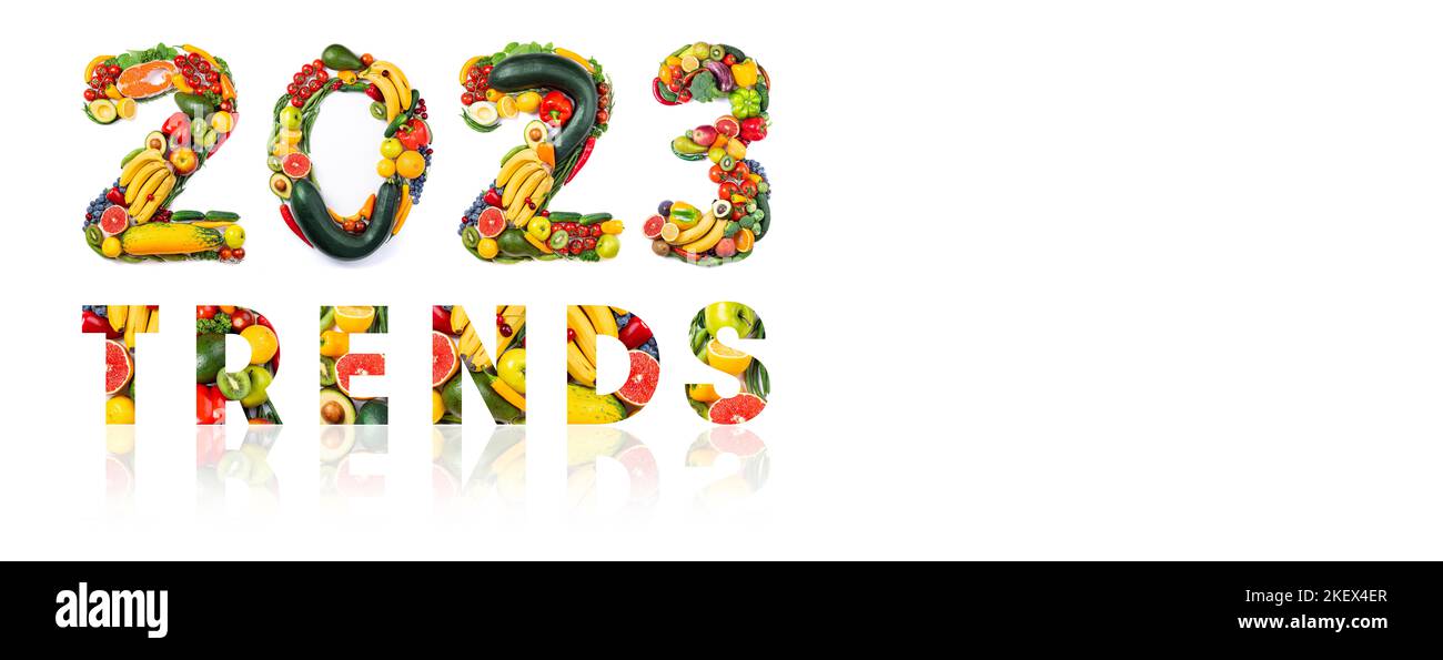 New year 2023 food trends. New Year 2023 made of vegetables, fruits and