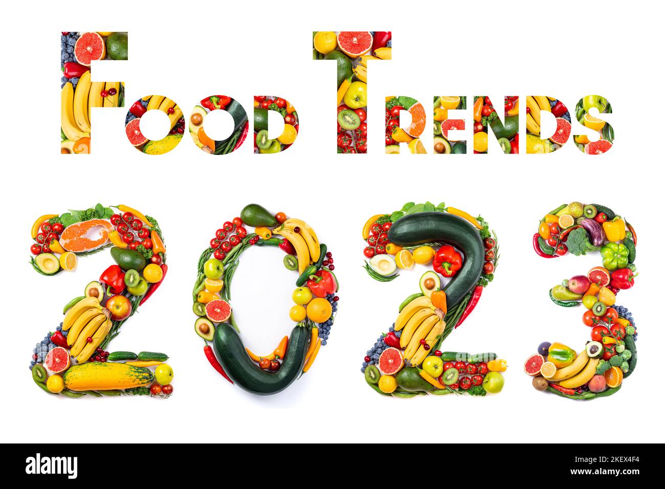 New year 2023 food trends. New Year 2023 made of vegetables, fruits and ...