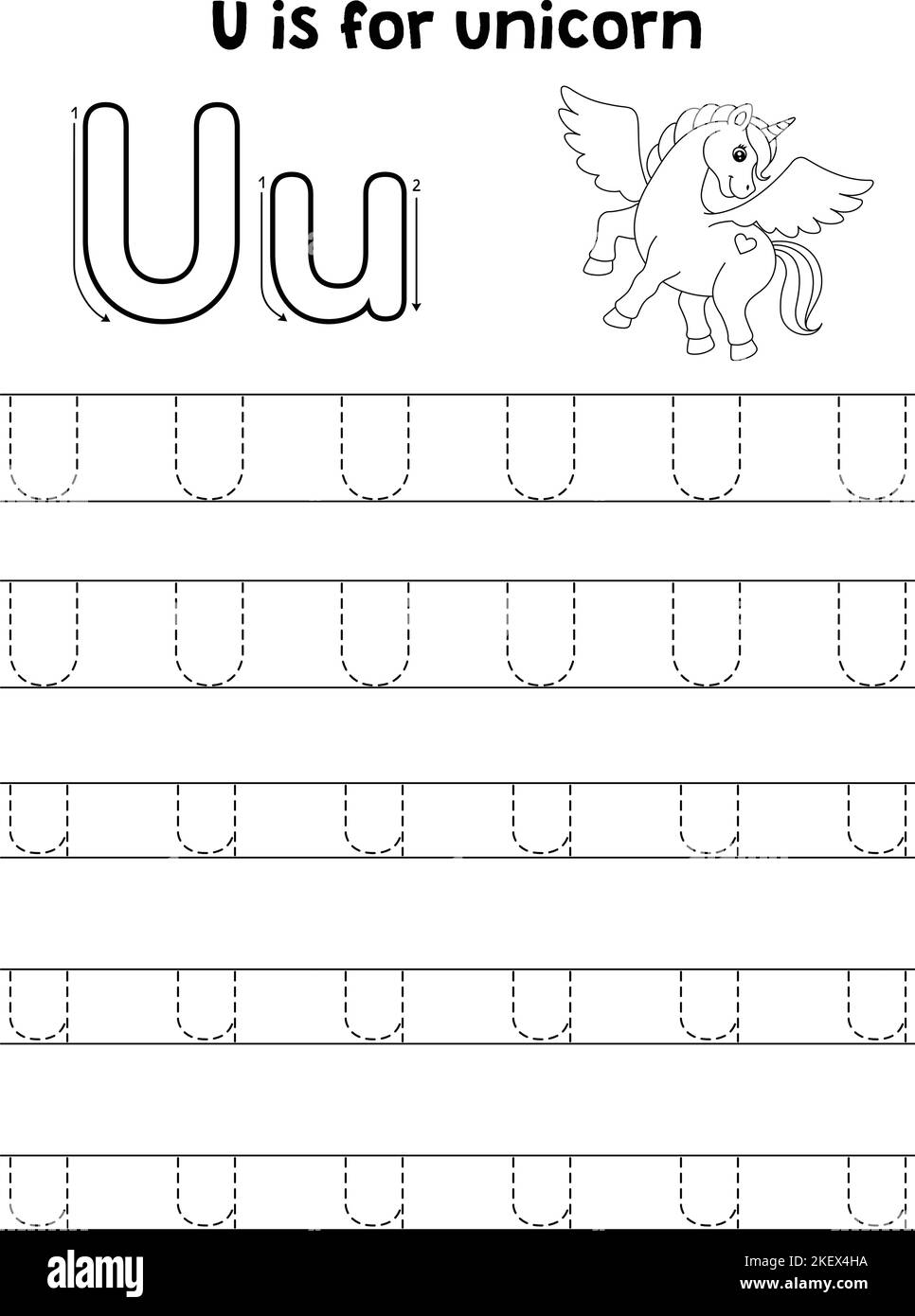 Unicorn Animal Tracing Letter ABC Coloring Page U Stock Vector Image