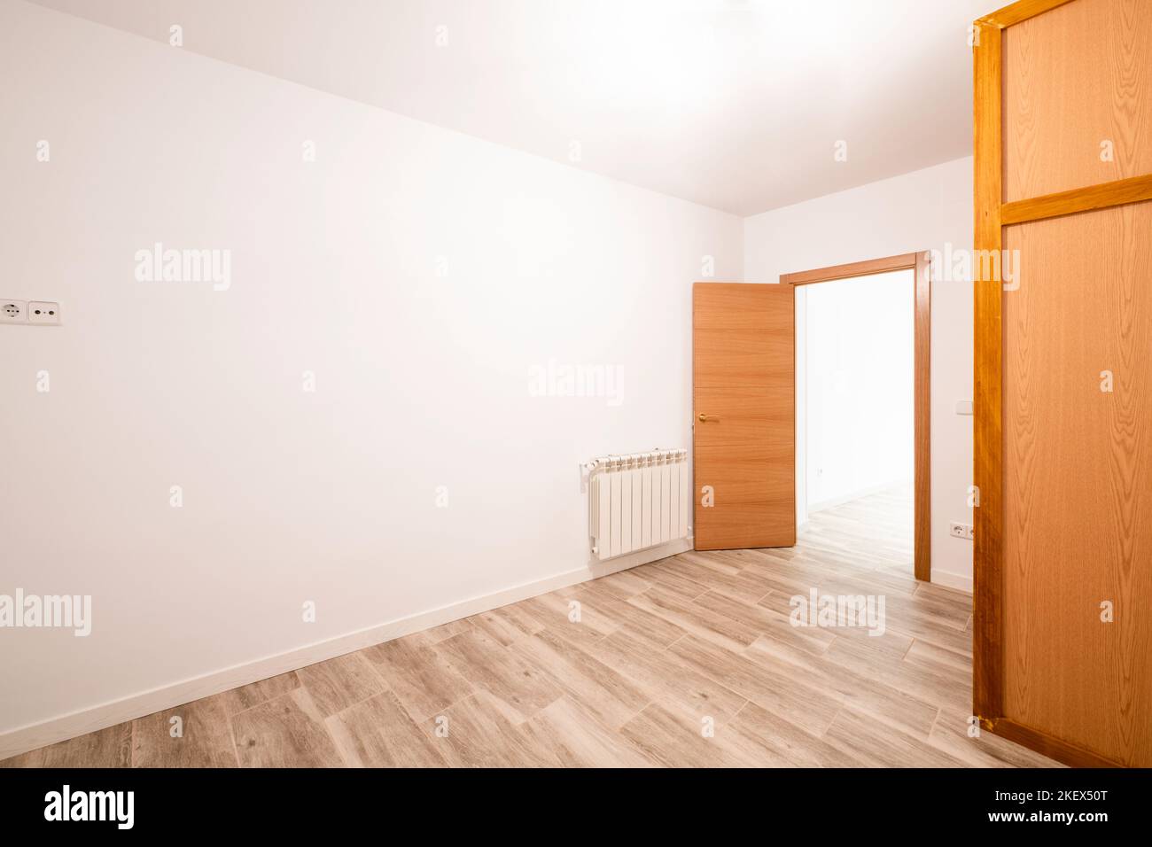 Empty room with wood-look stoneware floor, white aluminum radiator and ...