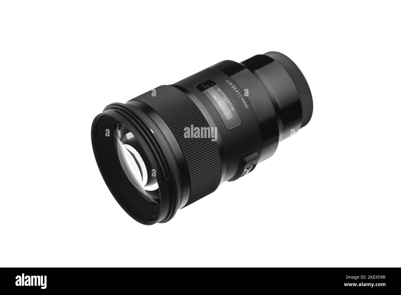 Modern lens with a focal length of 50 mm and aperture f 1.4 isolate on