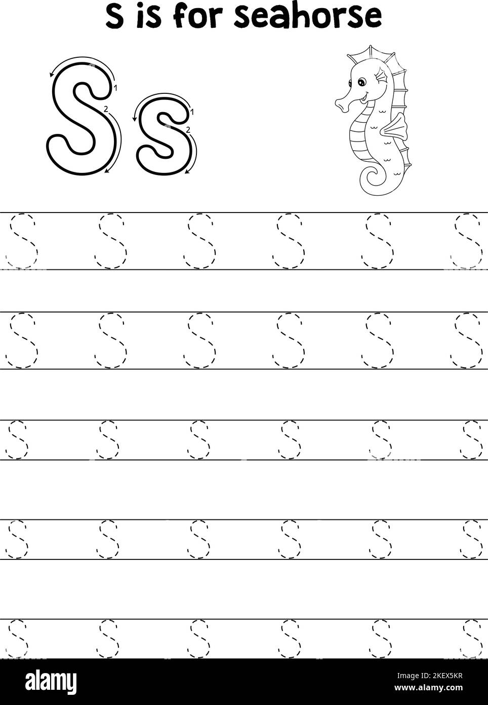 Seahorse Animal Tracing Letter ABC Coloring Page S Stock Vector