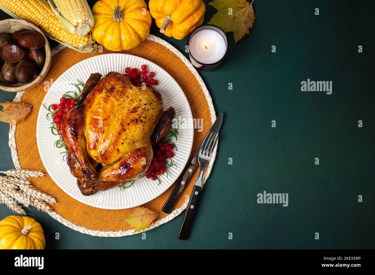 Happy Thanksgiving holiday background. Roasted whole chicken or turkey with autumn vegetables for thanksgiving dinner on dark background Stock Photo