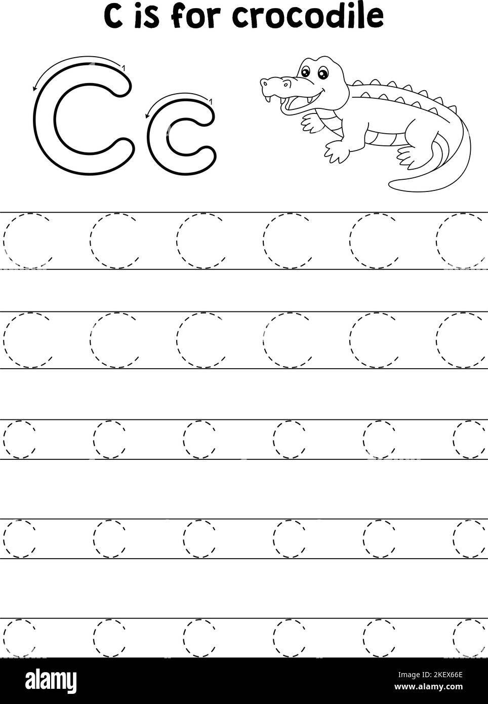 Crocodile Animal Tracing Letter ABC Coloring C Stock Vector