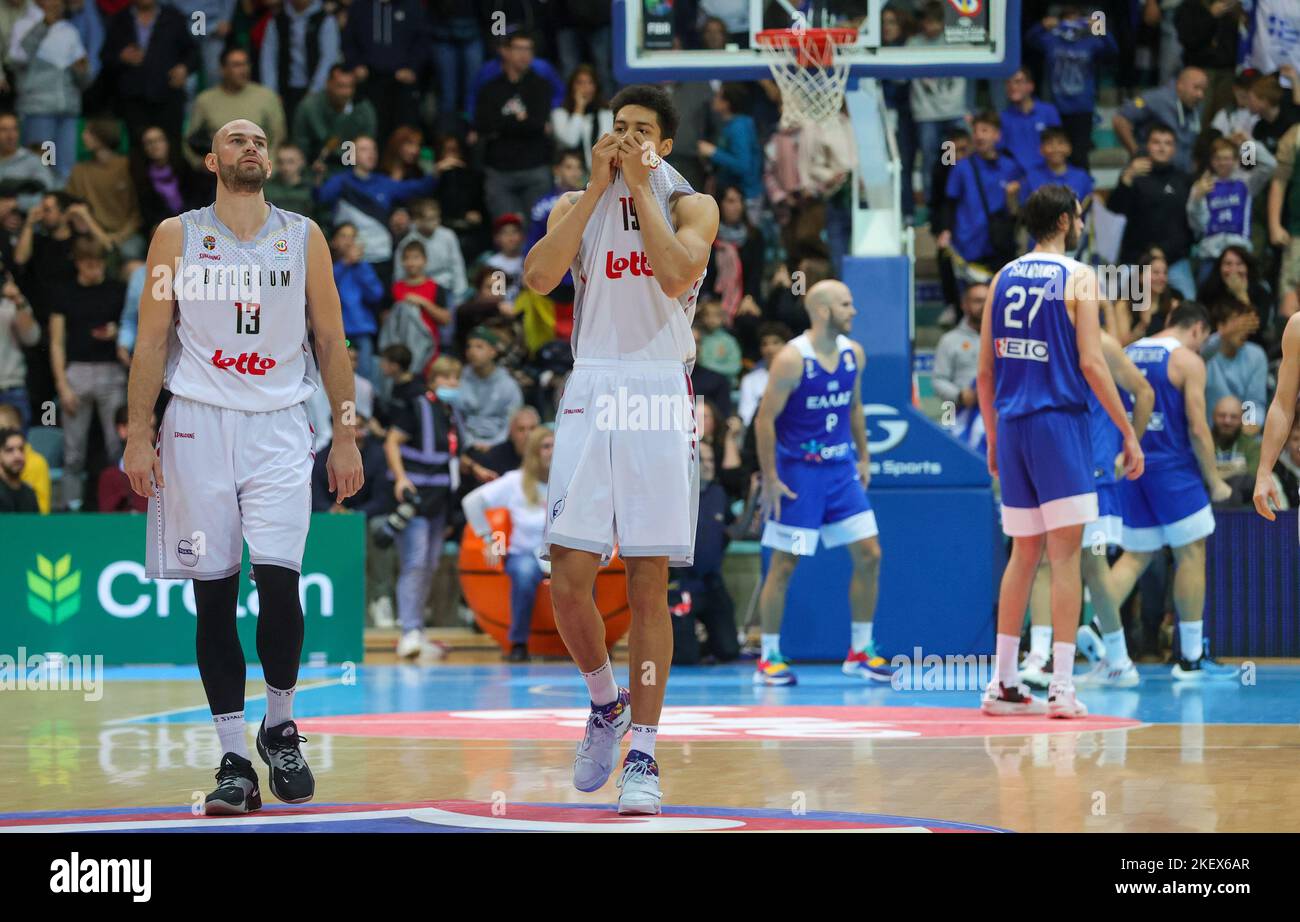 Jemappes, Belgium, 14 November 2022, Belgium's Pierre-Antoine Gillet and  Belgium's Ismael Bako look dejected after losing a basketball match between  Belgium's national team Belgian Lions and Greece, Monday 14 November 2022 in