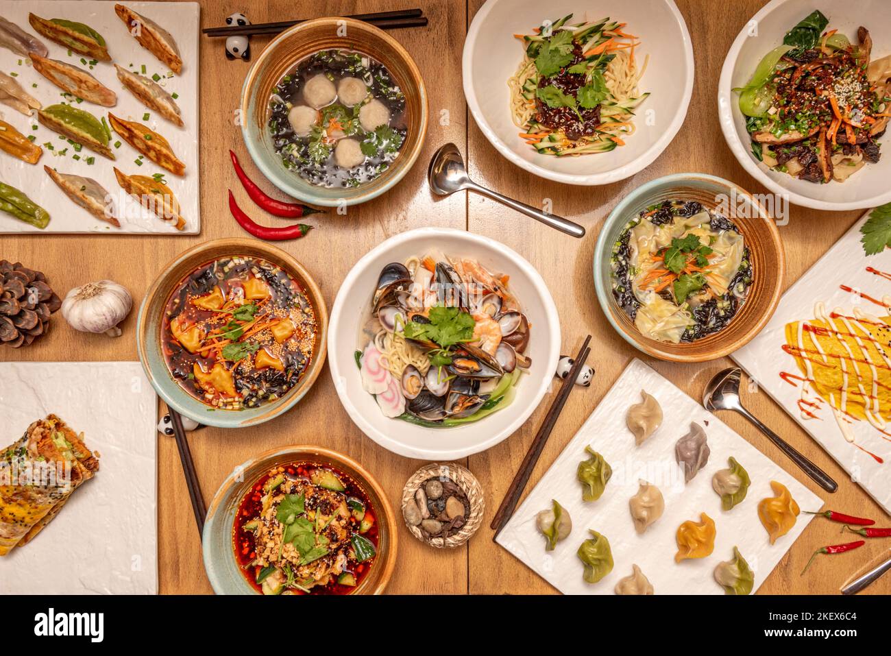 Typical Japanese food recipes with various types of ramen, fried gyozas