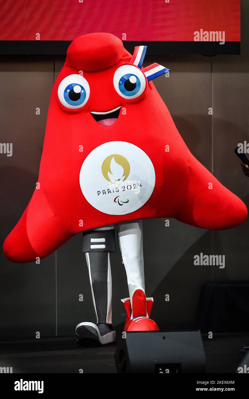 Saint-Denis, France, France. 14th Nov, 2022. Illustration Mascot ''La Phryge Paralympique'' during the official presentation of the Paris 2024 Olympic mascots on November 14, 2022 in Saint-Denis near Paris, France. (Credit Image: © Matthieu Mirville/ZUMA Press Wire) Stock Photo