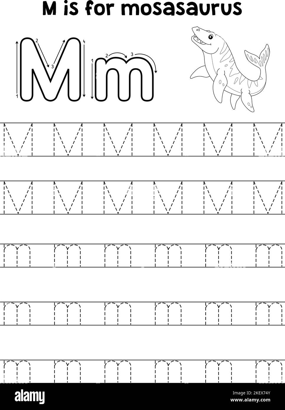 Mosasaurus Dinosaur Tracing Letter ABC Coloring M Stock Vector