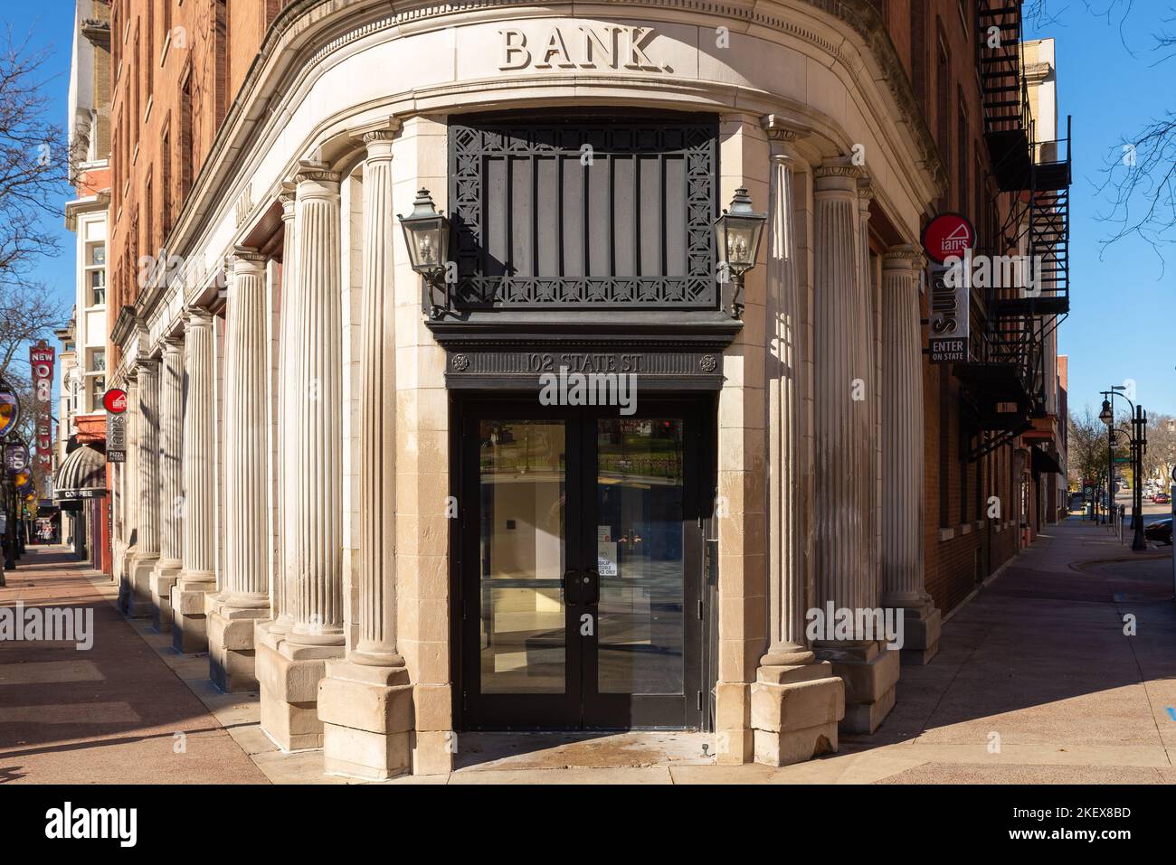 Madison, Wisconsin United States November 7th, 2022 Exterior of old bank building in