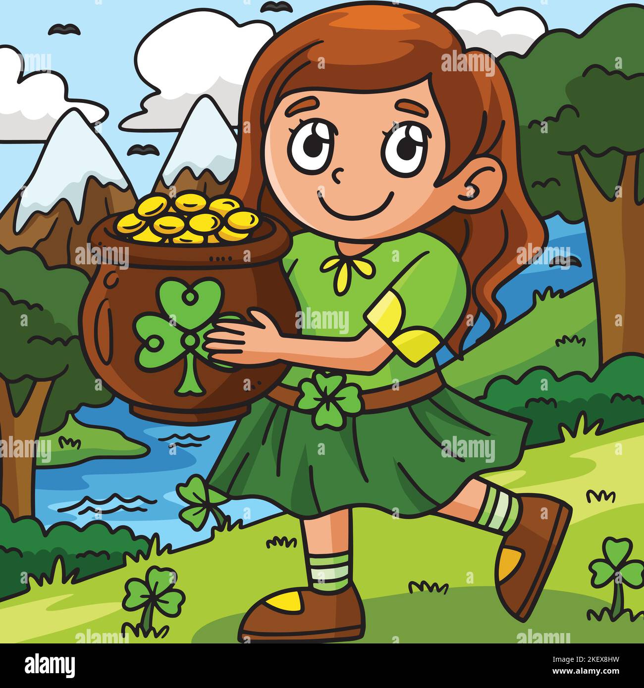 St. Patricks Girl With Pot Of Gold Colored Cartoon Stock Vector