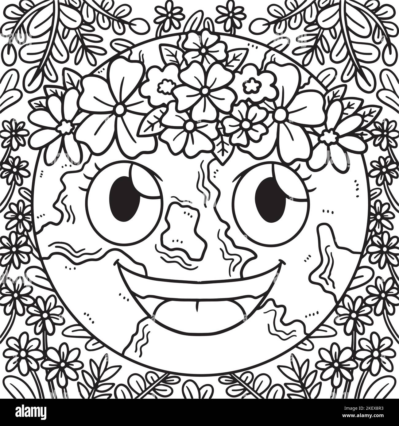 Earth Day with Flower Crown Coloring Page Stock Vector