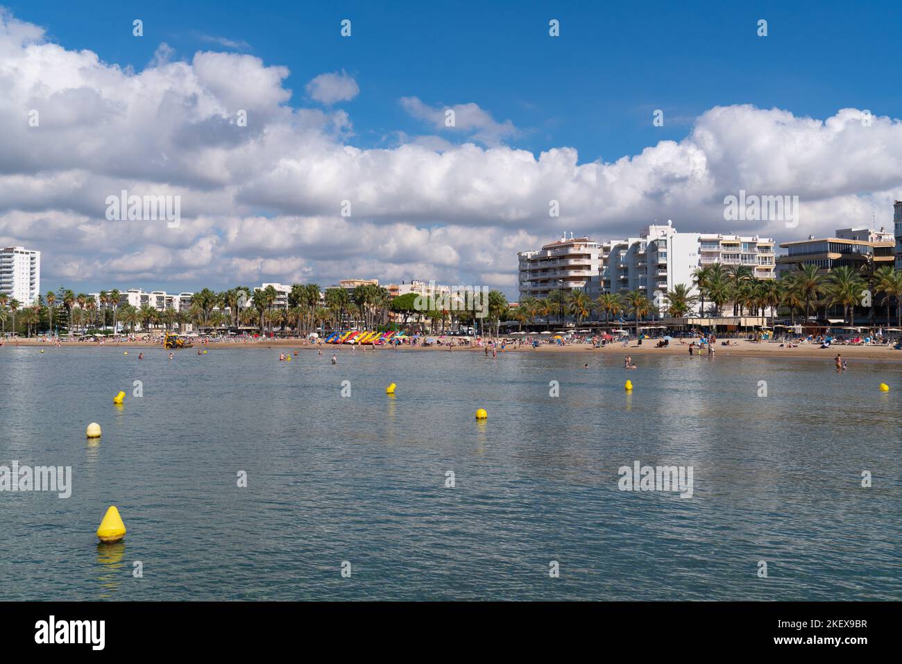 Platja de Llevant Salou seafront with beach, buildings, sea and palm ...
