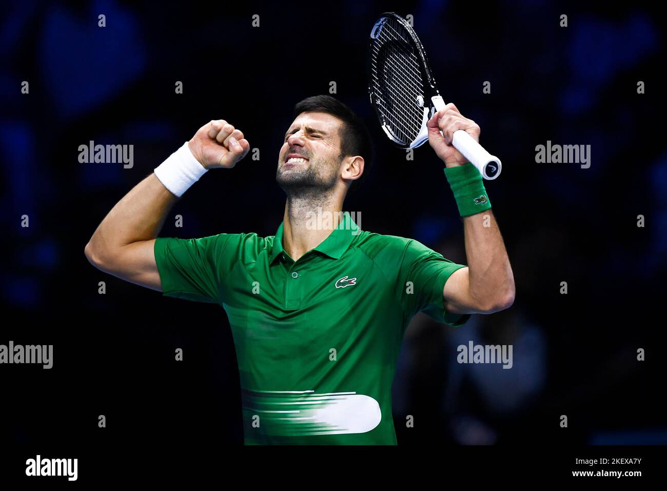 Turin, Italy. 14 November 2022. Novak Djokovic of Serbia celebrates the victory at the end of his round robin match against Stefanos Tsitsipas of Greece during day two of the Nitto ATP Finals. Credit: Nicolò Campo/Alamy Live News Stock Photo