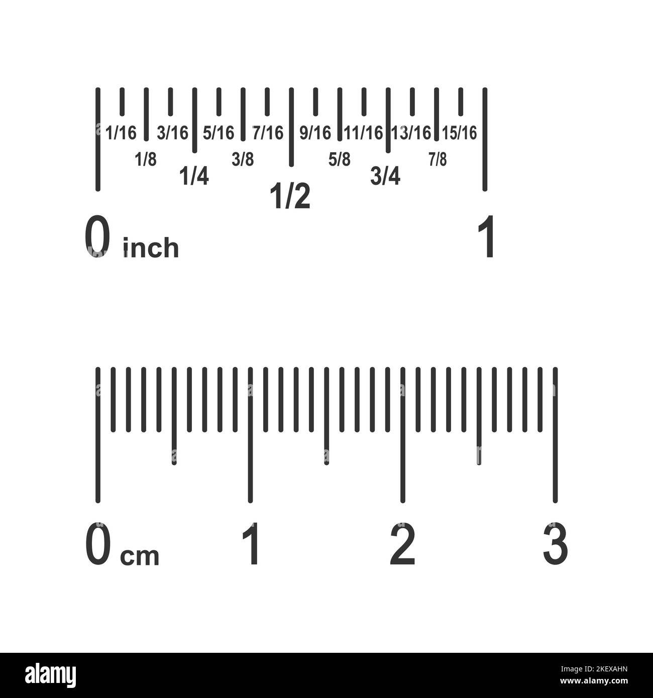 Parts of ruler scale. Inch divided into fractions converted to centimetres. Fragments of imperial and metric system measuring tools. Yardstick template segments. Vector graphic illustration Stock Vector