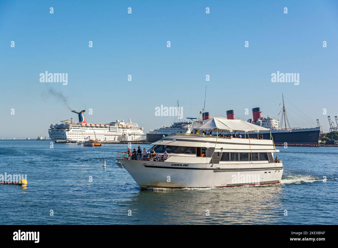 California, Long Beach, harbor cruise boat, The Queen Mary floating hotel, Carnival cruise ship Stock Photo