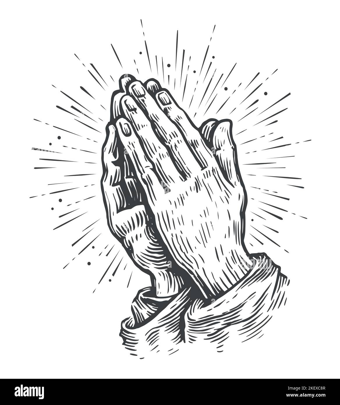 Sketchy praying hands with sunburst. Two hands in prayer pose. Worship, pray symbol. Sketch vintage vector illustration Stock Vector