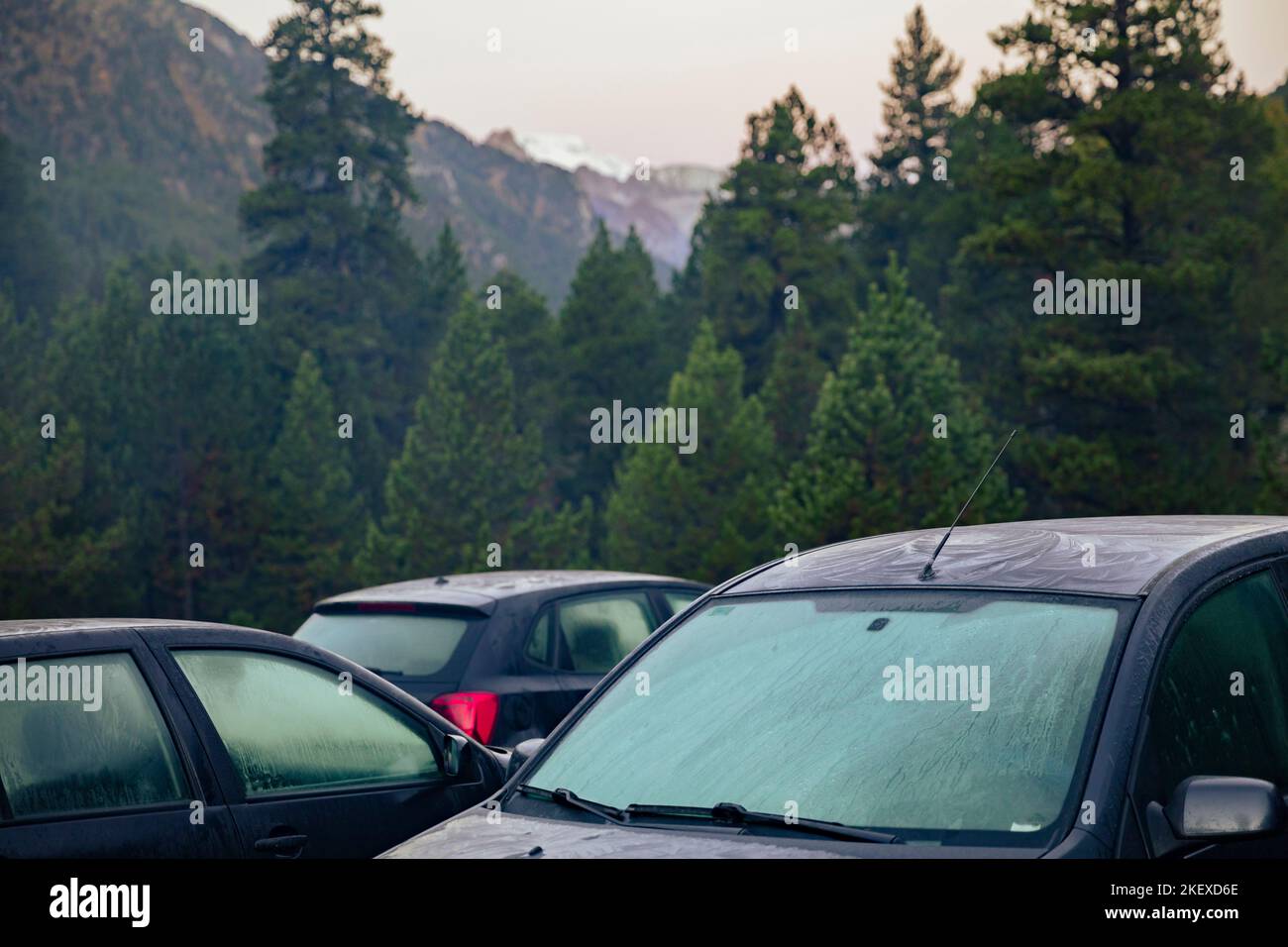 Cars on the mountain frozen by the cold Stock Photo