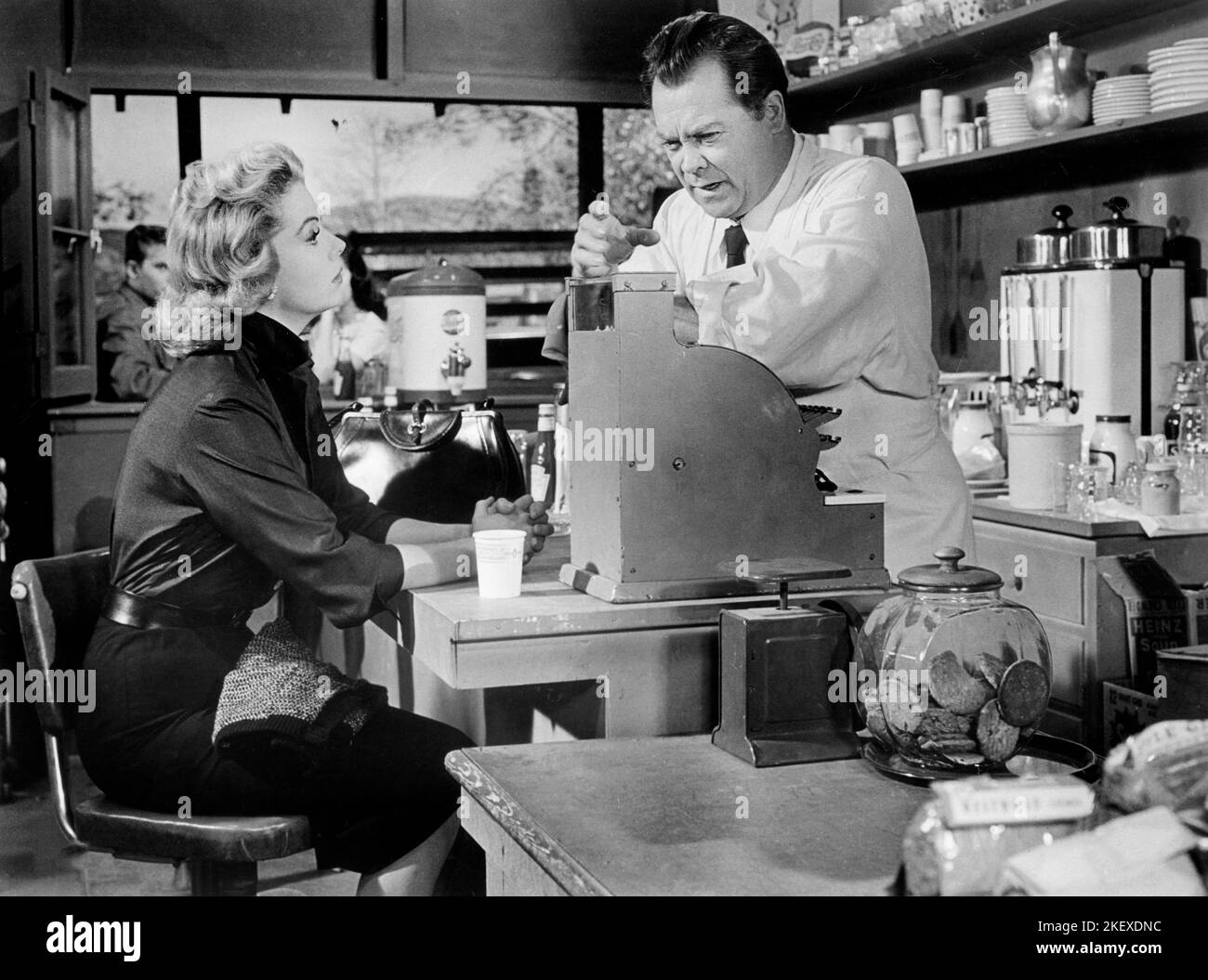 Jayne Meadows, Mickey Shaughnessy, on-set of the Film, 'College Confidential', Universal Pictures, 1960 Stock Photo