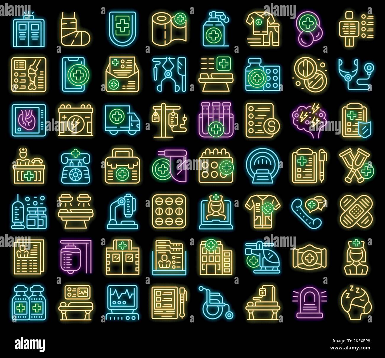 Emergency room icons set outline vector. Medical surgery. Scan health neon color on black Stock Vector