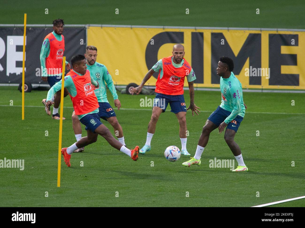 Turin, Italy. 14th Nov, 2022. Alex Sandro of Brazil, Vinicius Jr of Brazil and Dani Alves of Brazil during the first day of trying of the Brazil National football team before the final stage of the Qatar 2022 World Cup, at the Juventus Training Center in Turin, Italy Photo Nderim Kaceli Credit: Independent Photo Agency/Alamy Live News Stock Photo