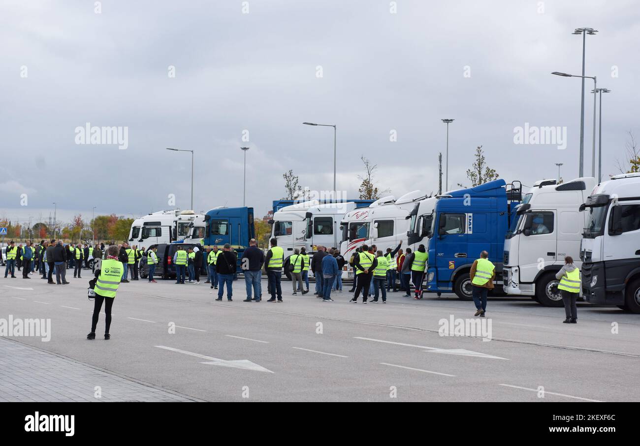 Madrid, Spain. 14th Nov, 2022. Truck drivers take part in a protest in