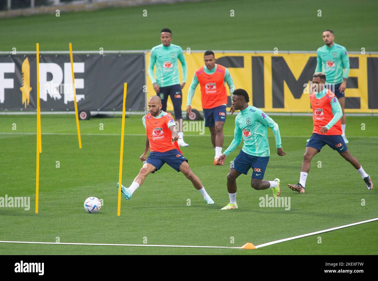 Turin, Italy. 14th Nov, 2022. Dani Alves of Brasil and Vinicius Jr of Brasil during the first day of trying of the Brazil National football team before the final stage of the Qatar 2022 World Cup, at the Juventus Training Center in Turin, Italy Photo Nderim Kaceli Credit: Independent Photo Agency/Alamy Live News Stock Photo