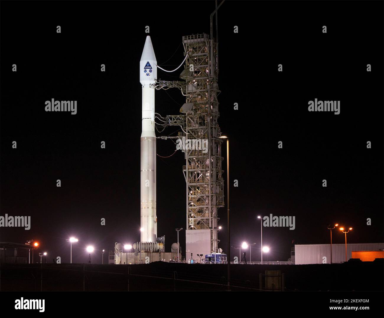 Lompoc, United States of America. 10 November, 2022. The National Oceanic and Atmospheric Administration Joint Polar Satellite System-2 satellite and the NASA Low-Earth Inflatable Decelerator Orbit Flight Test, stand ready to lift off atop a United Launch Alliance Atlas V rocket on Space Launch Complex-3 at Vandenberg Space Force Base, November 10, 2022 in Lompoc, California.  Credit: Liz Wilk/NASA/Alamy Live News Stock Photo