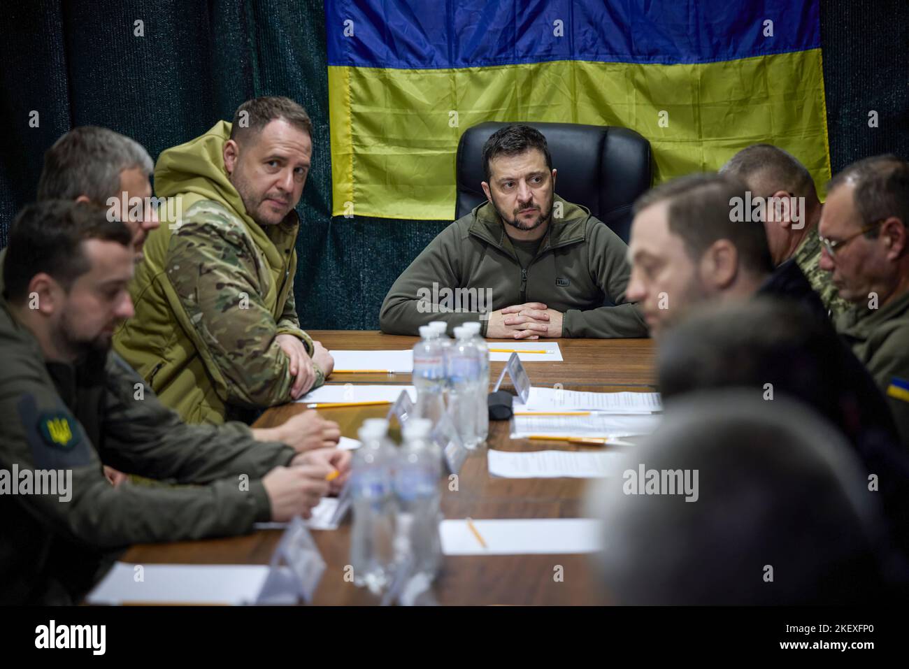 In Mykolaiv, Ukraine President Volodymyr Zelensky also visited the humanitarian headquarters that operates under the RMA and has been providing assistance to people in need since the first days of full-scale Russian aggression. Also in attendance was Andrii Yermak, head of the Ukraine Presidential Office. Stock Photo