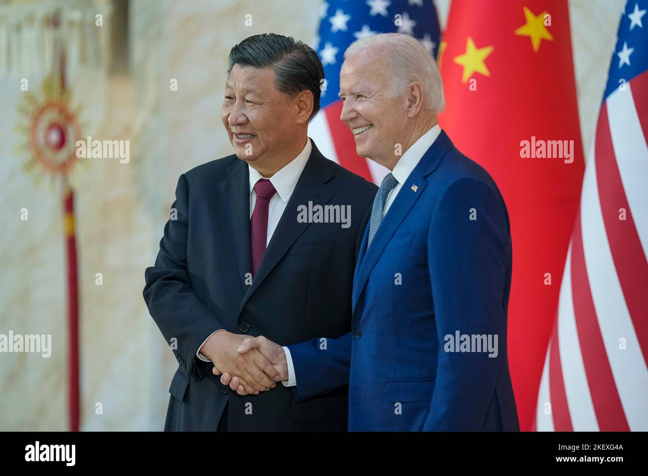 Nusa Dua, Indonesian. 14th Nov, 2022. Nusa Dua, Indonesian. 14 November, 2022. U.S. President Joe Biden, shakes hands with Chinese President Xi Jinping, left, before the start of their face-to-face bilateral meeting on the sidelines of the G20 Summit, November 14, 2022, in Bali, Indonesia. Credit: Adam Schultz/White House Photo/Alamy Live News Stock Photo