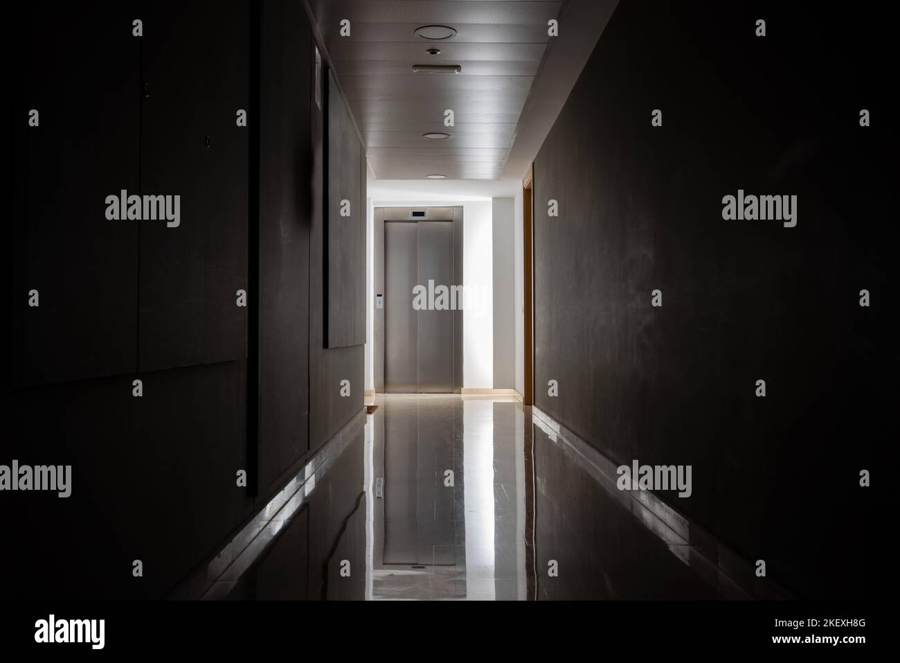 Dark and mysterious corridor in a hospital building.Door room perspective in lonely quiet building with light on black and white style. horror landsca Stock Photo