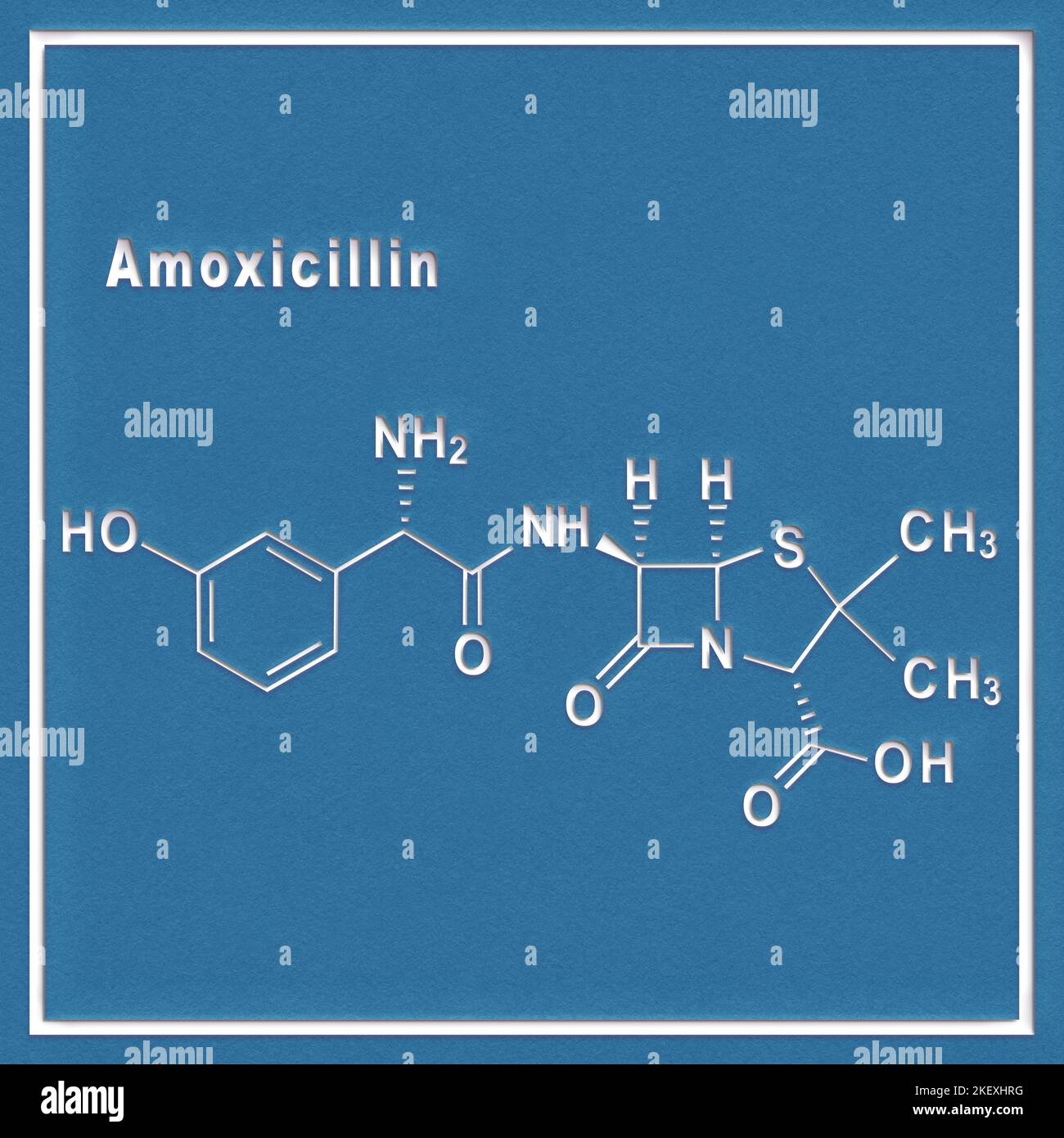 Amoxicillin, antibiotic drug, Structural chemical formula on a white