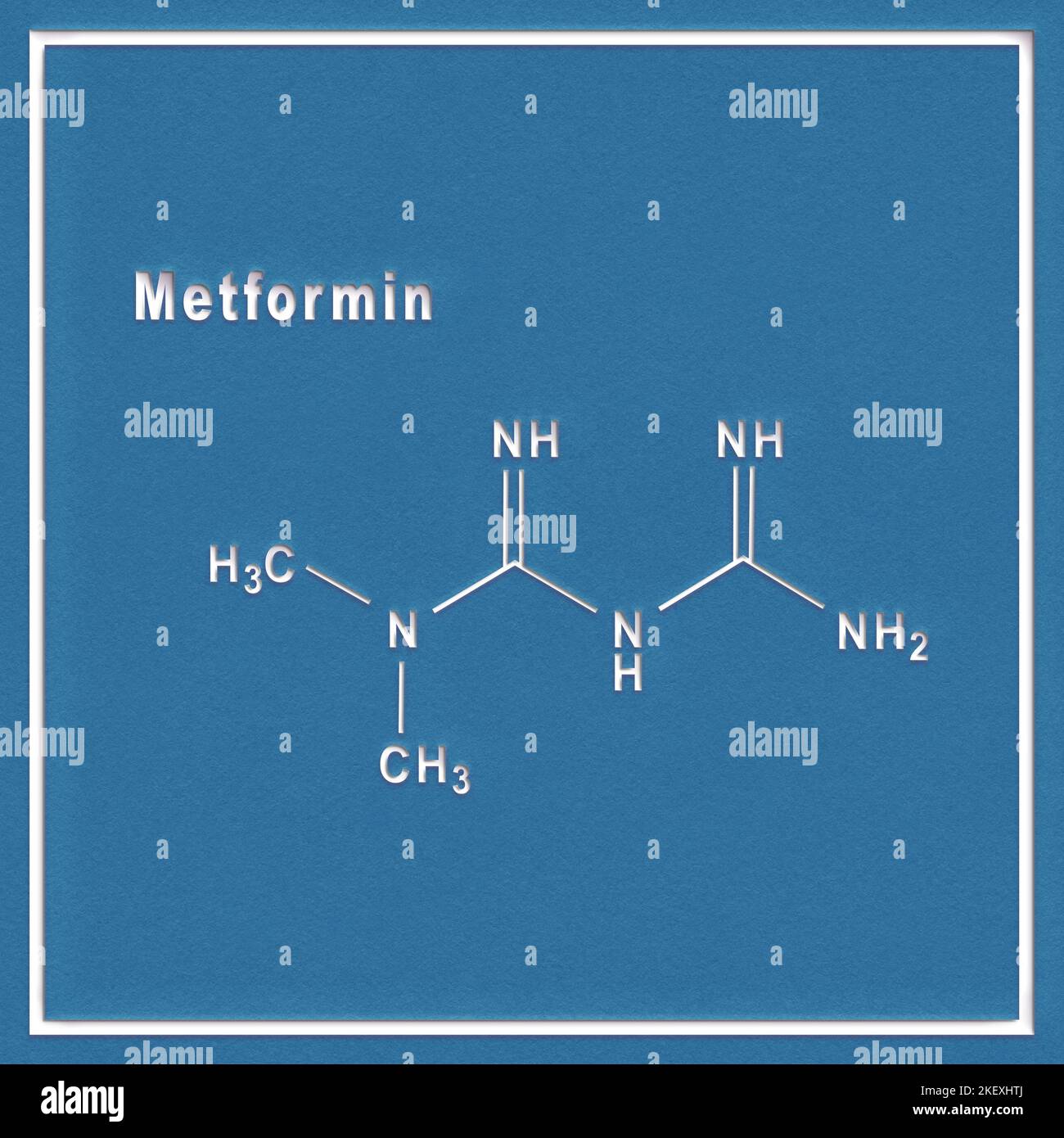 Metformin diabetes drug, Structural chemical formula on a white ...