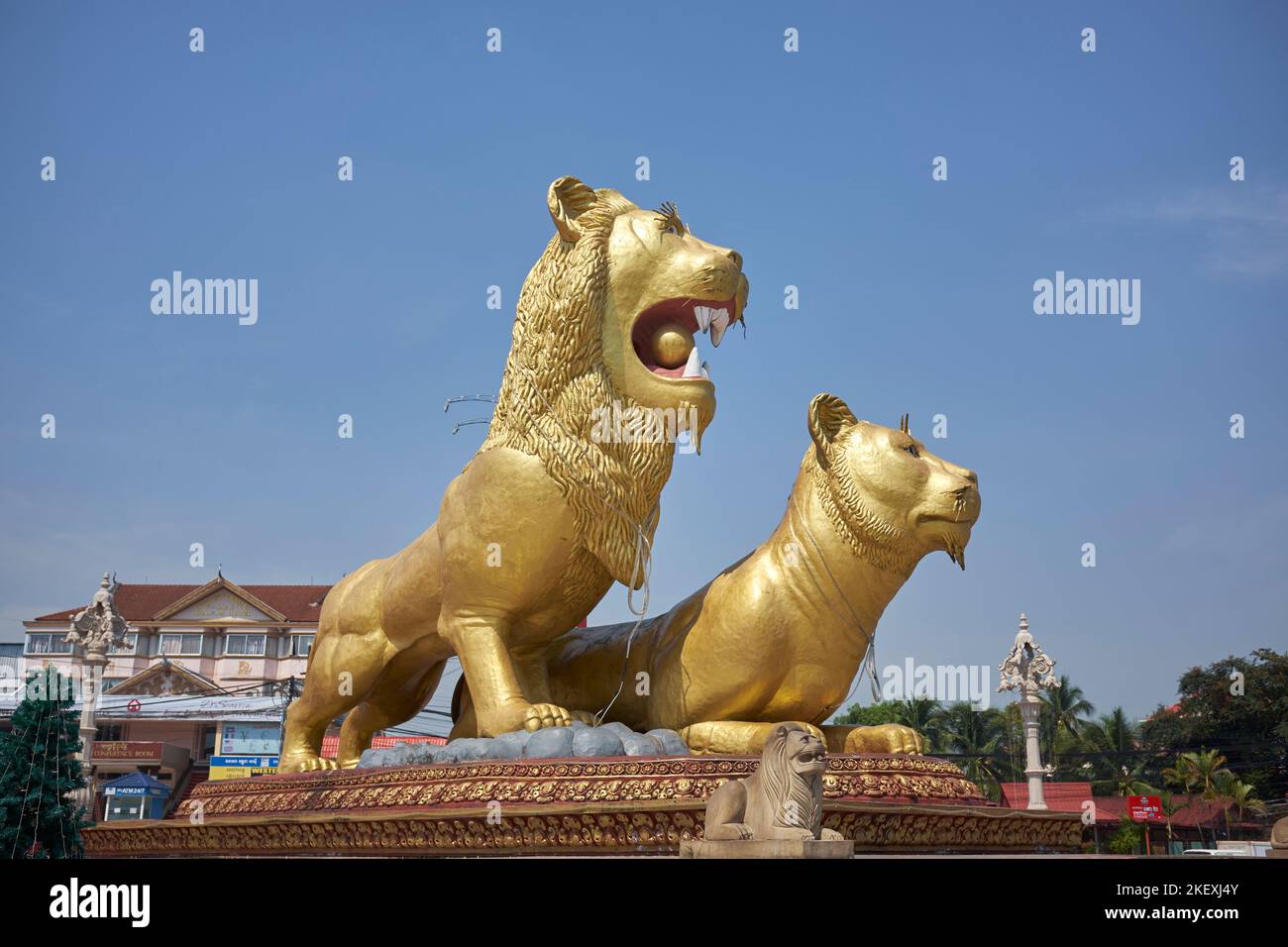 Golden Lion Monument Roundabout Downtown Sihanoukville Cambodia Stock Photo