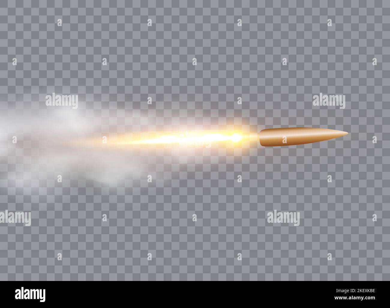 Realistic flying bullet in motion with the fiery trace. Vector illustration. Stock Vector