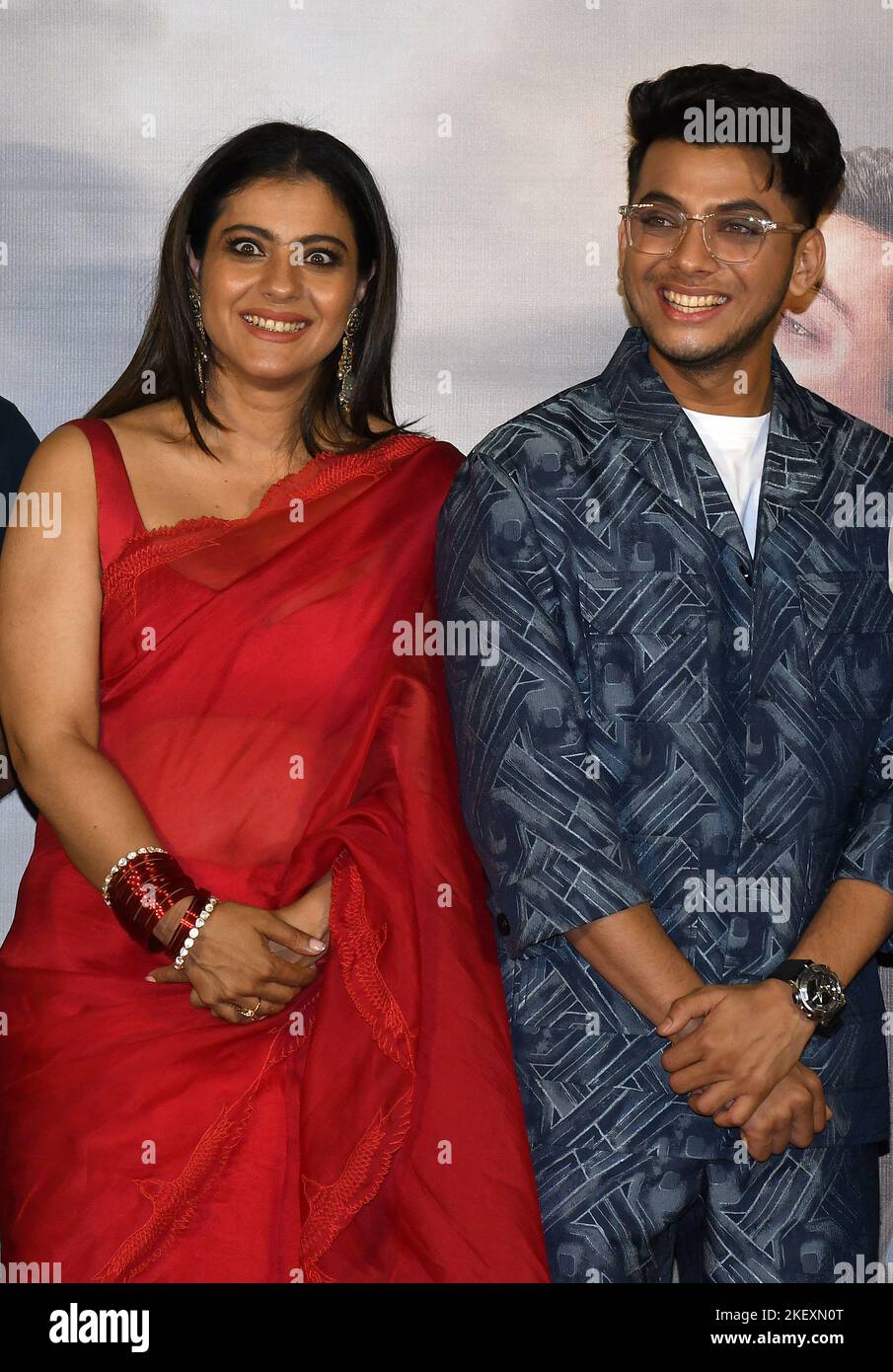 Mumbai, India. 14th Nov, 2022. L-R Bollywood actress Kajol Devgan and television and film actor Vishal Jethwa seen during the trailer launch of their upcoming film 'Salaam Venky' in Mumbai. The film will be released in theaters on 9th December 2022. Credit: SOPA Images Limited/Alamy Live News Stock Photo