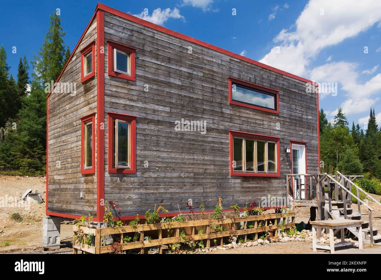 Rustic cottage style 11.5 x 32 foot mini house facade with sloped roof ...