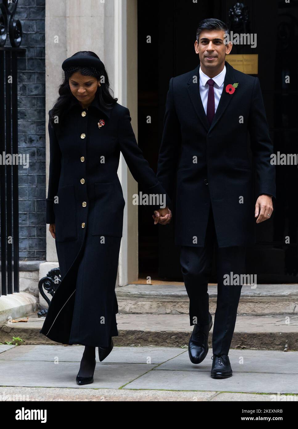 London, UK. 13th Nov, 2022. Akshata Murthy and Rishi Sunak walk through Downing Street to attend the Remembrance Sunday Service at the Cenotaph in London. Credit: SOPA Images Limited/Alamy Live News Stock Photo