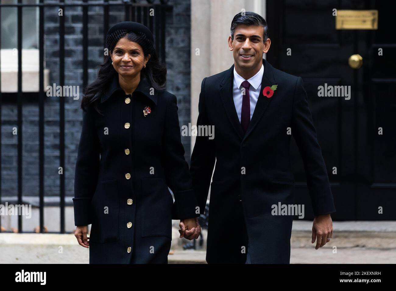 London, UK. 13th Nov, 2022. Akshata Murthy and Rishi Sunak walk through Downing Street to attend the Remembrance Sunday Service at the Cenotaph in London. Credit: SOPA Images Limited/Alamy Live News Stock Photo