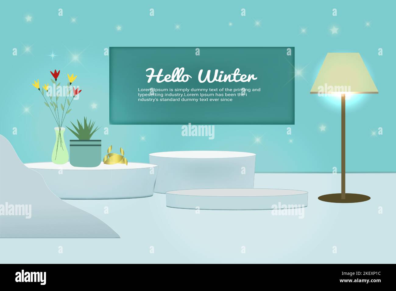 Hello, Winter sale product banner, podium platform with star and light background, and paper illustration. Stock Vector