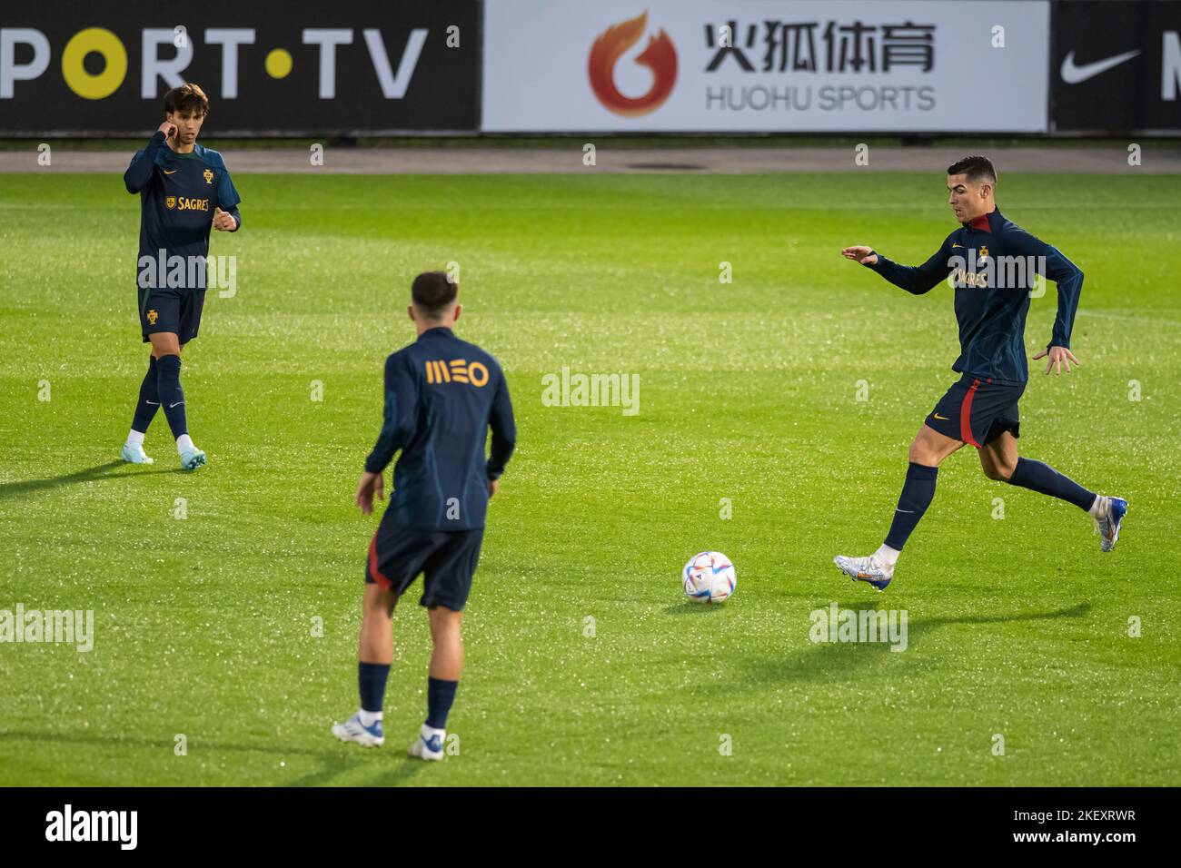 Oeiras, Portugal. 14th Nov, 2022. Cristiano Ronaldo (R) and Joao Felix (L) seen in action during the training session at Cidade do Futebol training ground. Portugal football team trains for the first time before competing in the FIFA World Cup 2022 scheduled to start on November 20th. (Photo by Hugo Amaral/SOPA Images/Sipa USA) Credit: Sipa USA/Alamy Live News Stock Photo
