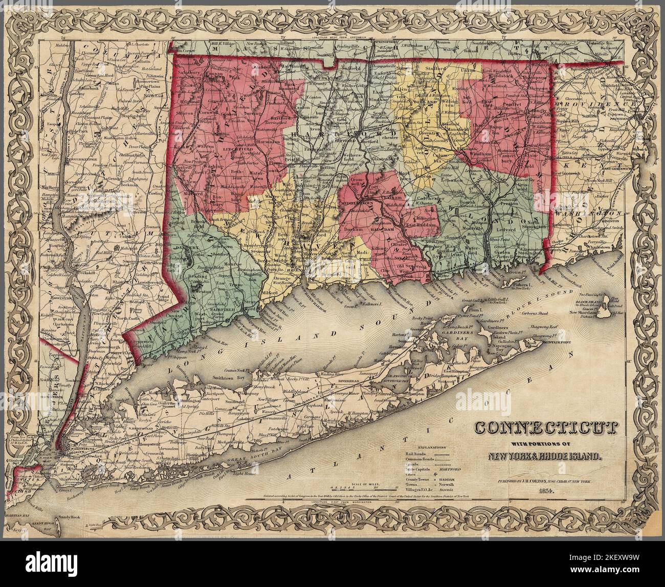 Connecticut Antique Map 1846. Beautifully detailed restored, enhanced
