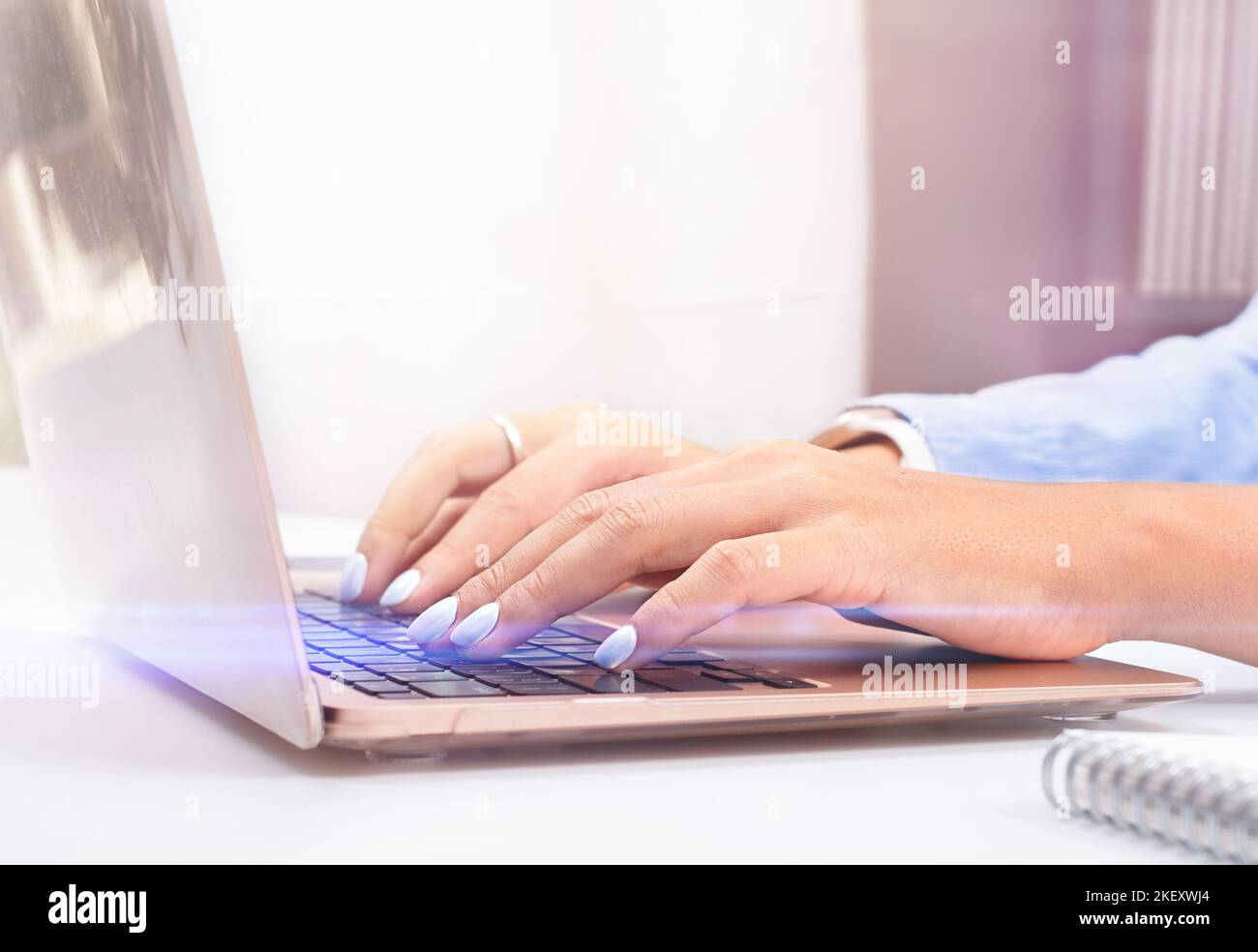 Woman working online on a laptop in the office in the sun Stock Photo